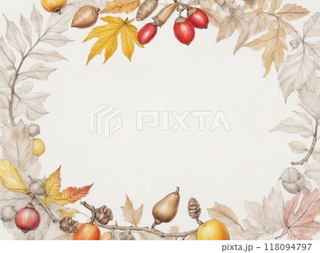 スケッチ風 秋の赤い実と木の実のフレーム スケッチ風 秋の赤い実と木の実のフレーム 118094797