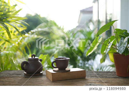 Brown wooden Tea cup plant pot at the balcony chilling outdoor relaxing 118094980