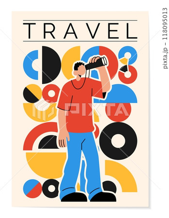 Travel person. Happy man looking through binoculars. Abstract geometric shapes. Casual guy. Adventure traveler. Summer vacation. Hiking tourist. Observing with spyglass. Vector tourism banner design 118095013