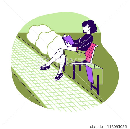 People read books. Woman walking in park. Person sitting on bench. Summer leisure. Girl relaxing in nature. Cartoon character enjoying of literature. Mountain scenery. Outdoor seat. Vector concept 118095026