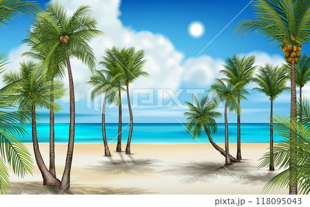Beach scene. Ocean sky background for summer travel banner. Summertime nature art. Tropical trees and clouds. Palm leaves. Seaside landscape. Paradise coast. Empty seashore. Vector seascape design Beach scene. Ocean sky background for summer travel banner. Summertime nature art. Tropical trees and clouds. Palm leaves. Seaside landscape. Paradise coast. Empty seashore. Vector seascape design 118095043