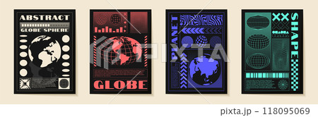 Techno poster design. Graphic for T-shirt. Earth planet. World retro map. Street wear typography. Acid rave mesh. 3D futuristic grunge print. Abstract wireframe. Vector garish banner templates set Techno poster design. Graphic for T-shirt. Earth planet. World retro map. Street wear typography. Acid rave mesh. 3D futuristic grunge print. Abstract wireframe. Vector garish banner templates set 118095069