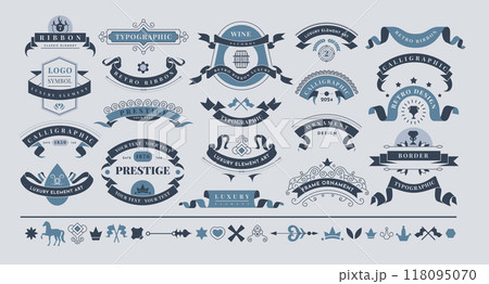 Ribbon logo. Banner frame, elegant badge, icon classic, stamp retro. Label coffee typography, sign old ornament. Design decoration ornamental elements. Wedding card decor. Vector vintage isolated set Ribbon logo. Banner frame, elegant badge, icon classic, stamp retro. Label coffee typography, sign old ornament. Design decoration ornamental elements. Wedding card decor. Vector vintage isolated set 118095070