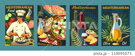 Mediterranean diet. Food tapas. Cooking table. Meal illustration. Italian cuisine recipe poster. Spanish menu design. Healthy eating. Chef prepares salad. Home kitchen. Vector culinary backgrounds set Mediterranean diet. Food tapas. Cooking table. Meal illustration. Italian cuisine recipe poster. Spanish menu design. Healthy eating. Chef prepares salad. Home kitchen. Vector culinary backgrounds set 118095073