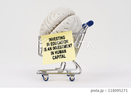 Creative representation of brain in a shopping cart with a motivational message about investing in education 118095271