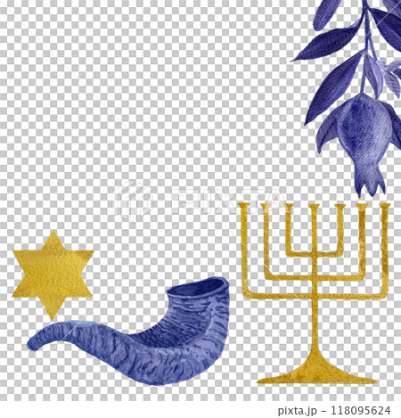 Rosh Hashanah, Hanukkah watercolor frame. Menorah and Torah, star shofar, candle illustration isolated on white. Festive design great for cards, stickers, packages, posters. Jewish traditions clip art Rosh Hashanah, Hanukkah watercolor frame. Menorah and Torah, star shofar, candle illustration isolated on white. Festive design great for cards, stickers, packages, posters. Jewish traditions clip art 118095624