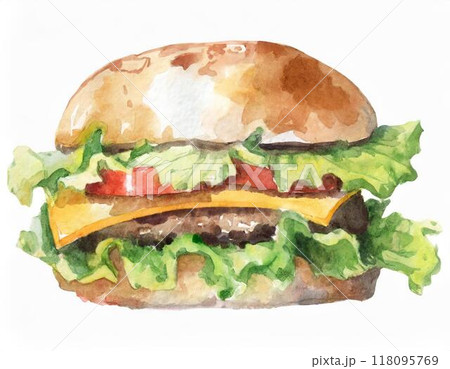 水彩画で描かれたハンバーガーのイラスト素材 [118095769] - PIXTA