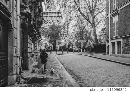 A woman walks along a peaceful Parisian street with the Eiffel Tower in view. Two small dogs accompany her, highlighting the charm of early mornings in the city. 118096242