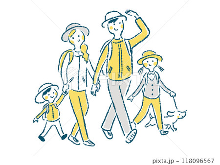 ハイキングをしている笑顔の4人家族のシンプル手描きイラスト 118096567