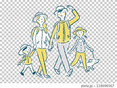 一個微笑的四口之家去徒步旅行的簡單手繪插圖 一個微笑的四口之家去徒步旅行的簡單手繪插圖 118096567