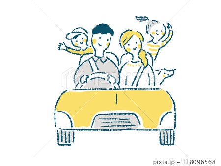 ドライブしている笑顔の4人家族の手描きイラスト ドライブしている笑顔の4人家族の手描きイラスト 118096568