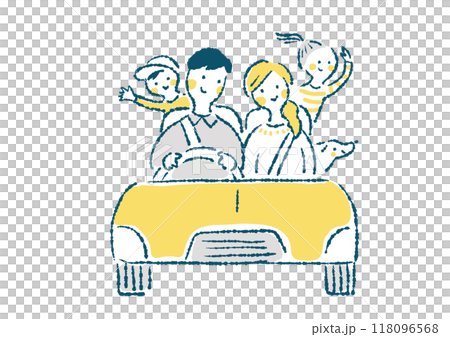 手繪插圖一個微笑的四口之家開車 手繪插圖一個微笑的四口之家開車 118096568
