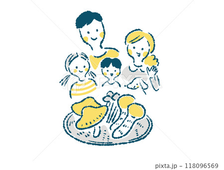 きのこを見て喜ぶ笑顔の4人家族の手描きイラスト 118096569