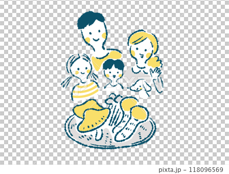 きのこを見て喜ぶ笑顔の4人家族の手描きイラスト 118096569