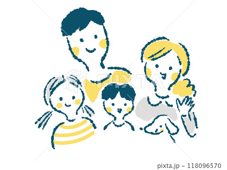 笑顔の4人家族と愛犬の上半身手描きイラスト 118096570