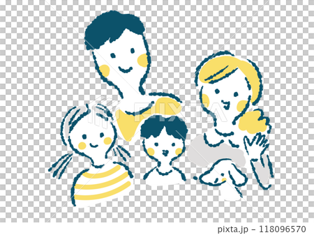 手繪的上半身插圖,描繪了一個微笑的四口之家和他們的寵物狗 手繪的上半身插圖,描繪了一個微笑的四口之家和他們的寵物狗 118096570