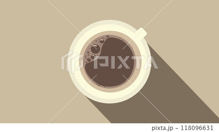 Black coffee cup with foam top view isolated on background, logo from above isolated flat design sign, cup of fresh black arabic coffee with foam and bubbles 118096631