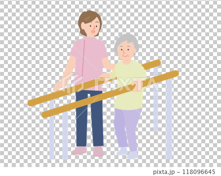 Illustration of an elderly woman and a physical therapist doing walking training rehabilitation at a facility 118096645