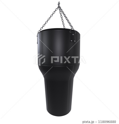 Black 3D-rendered punching bag suspended from a metallic chain Black 3D-rendered punching bag suspended from a metallic chain 118096880