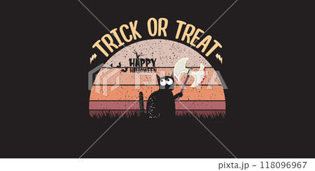 Happy halloween greeting card and horizontal banner with Black cat holding knife isolated on vintage sun background. Funny Halloween black cat holding a bloody knife. Halloween concept illustration 118096967