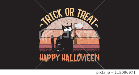 Happy halloween greeting card and horizontal banner with Black cat holding knife isolated on vintage sun background. Funny Halloween black cat holding a bloody knife. Halloween concept illustration Happy halloween greeting card and horizontal banner with Black cat holding knife isolated on vintage sun background. Funny Halloween black cat holding a bloody knife. Halloween concept illustration 118096971