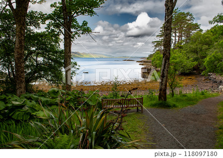 View From Botanical Park Inverewe Garden Over The Atlantic Coast Of Loch Ewe In The Highlands Of Scotland, UK View From Botanical Park Inverewe Garden Over The Atlantic Coast Of Loch Ewe In The Highlands Of Scotland, UK 118097180