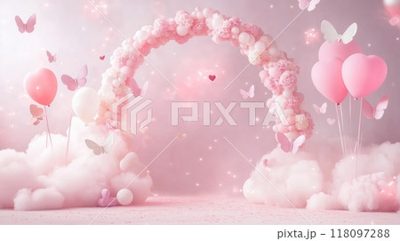 A pink arch with butterflies, balloons, and heart-shaped decorations on the wall. 118097288