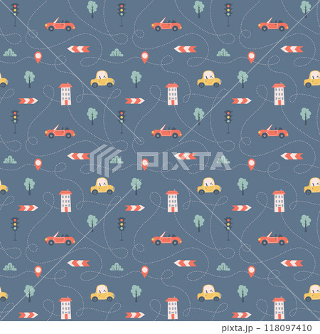 Kids seamless pattern with car, bus and road. Perfect for fabric , digital paper, cards. Kids seamless pattern with car, bus and road. Perfect for fabric , digital paper, cards. 118097410