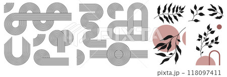 Zen arch set, simple line arch, botanical elements and geometric shapes. Geometric Japanese zen pattern minimal elements. Boho style strips. Zen arch set, simple line arch, botanical elements and geometric shapes. Geometric Japanese zen pattern minimal elements. Boho style strips. 118097411