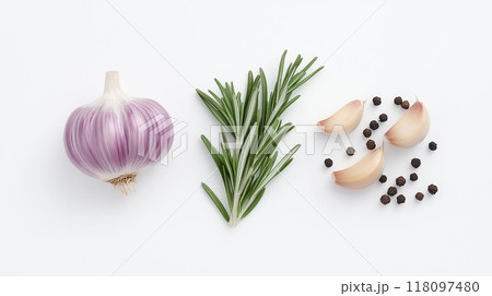 Garlic bulbs, garlic cloves, rosemary, thyme, and various spices on a white background. 118097480