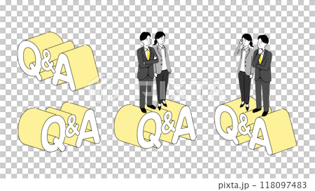 Q&A title lettering, illustration of thinking men and women, vector 118097483