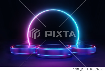 3d neon glowing scene background, 3 step blank neon illuminated stage podiums with purple light, futuristic concept, neon lights, showcase for product, ultraviolet 118097632