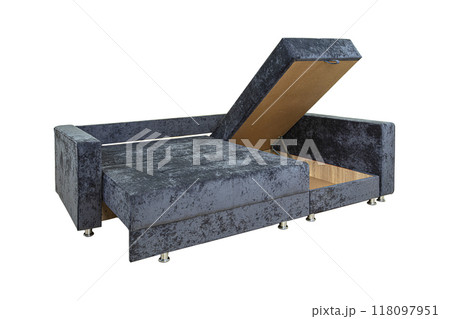 Gray unfolded sofa with velor fabric pillows isolated on a white background. Cushioned furniture. Gray unfolded sofa with velor fabric pillows isolated on a white background. Cushioned furniture. 118097951