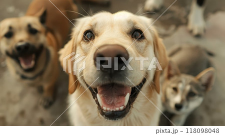 Heartwarming images of cheerful dogs and cats radiating friendliness Generative AI 118098048