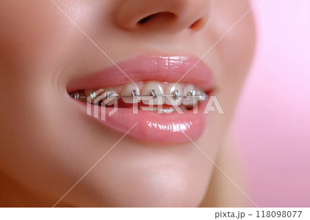 Close up of beautiful female teeth with dental braces. Dentistry concept Close up of beautiful female teeth with dental braces. Dentistry concept 118098077