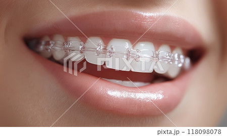 Close up of beautiful female teeth with dental braces. Dentistry concept Close up of beautiful female teeth with dental braces. Dentistry concept 118098078