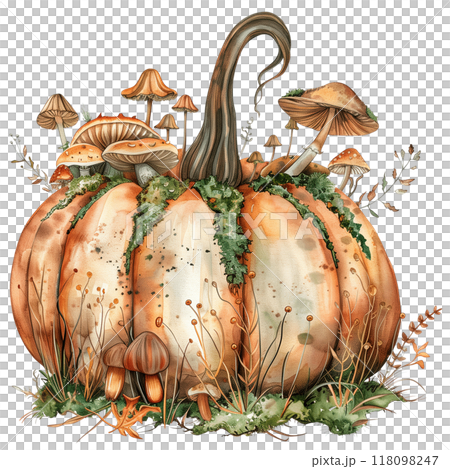 Whimsical pumpkin covered in delicate mushrooms and moss 118098247