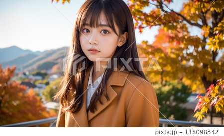 紅葉をバックにこちらを向く女性(AI生成画像) 118098332