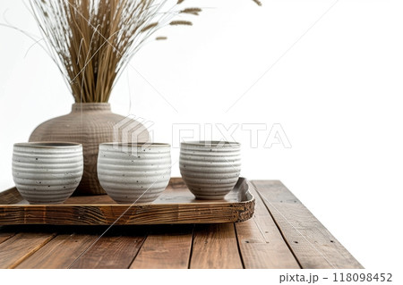Ceramic cups and vase with dried flowers on wooden table Ceramic cups and vase with dried flowers on wooden table 118098452