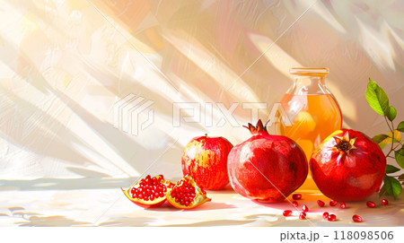 Fresh pomegranates and juice with sunlit shadows in a rustic setting 118098506