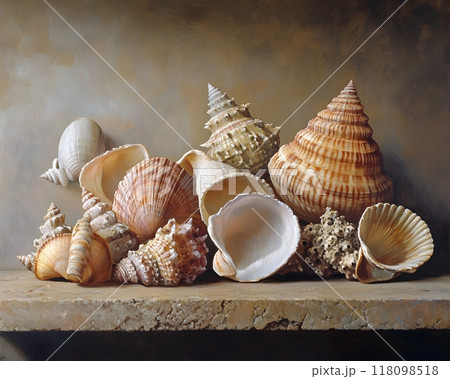 Captivating Still Life Painting of Exquisite Seashell Collection in Warm Earthy Tones Captivating Still Life Painting of Exquisite Seashell Collection in Warm Earthy Tones 118098518