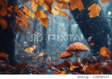 Enchanting Autumnal Forest Scene with Colorful Plants Cascading Leaves and Glistening Dewdrops 118098537