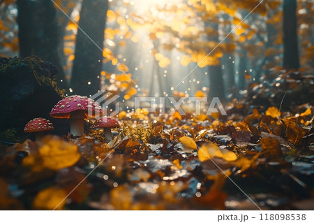 Enchanting Autumnal Forest with Colorful Seasonal Foliage and Mystical Mushrooms 118098538