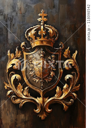 Ornate Gilded Heraldic Crests and Royal Coat of Arms in Dramatic Renaissance Painting 118098542
