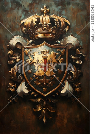 Ornate Heraldic Crests Regal Coat of Arms Gilded Insignia in Dramatic Lighting 118098543