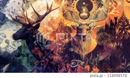 Vibrant Totemic Wildlife Collage in Ethnographic Art Style 118098578