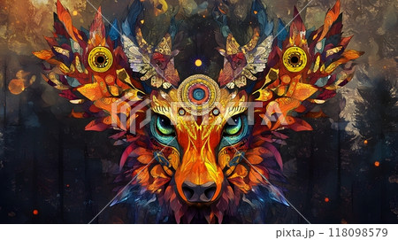 Iconic Animal Totems and Tribal Motifs in Vivid Digital Landscape Collage 118098579