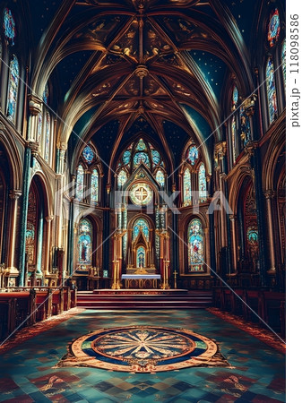 Ornate Cathedral Interior with Iconic Religious Symbols and Sacred Geometry 118098586