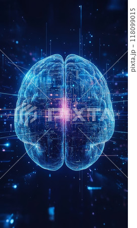Futuristic digital brain hologram with glowing neural connections. Artificial intelligence and advanced technology concept. 118099015