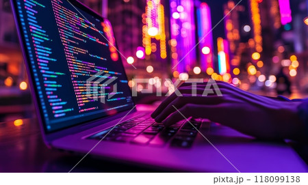 Hands typing code on a laptop in a vibrant city with colorful lights. Represents the digital world of coding, programming, and modern technology. Hands typing code on a laptop in a vibrant city with colorful lights. Represents the digital world of coding, programming, and modern technology. 118099138